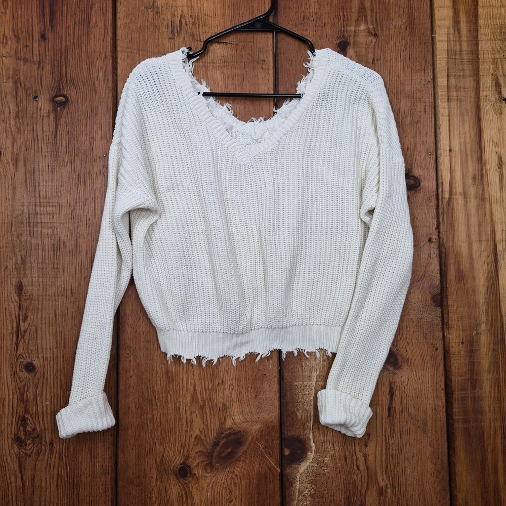 Jessica Simpson Womens XS Cream Distressed V-Neck Cropped Knit Sweater White